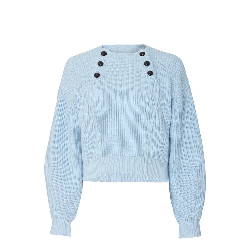 Rebecca Minkoff Natalie Light Blue Button-Detail Ribbed Sweater Womens Cropped